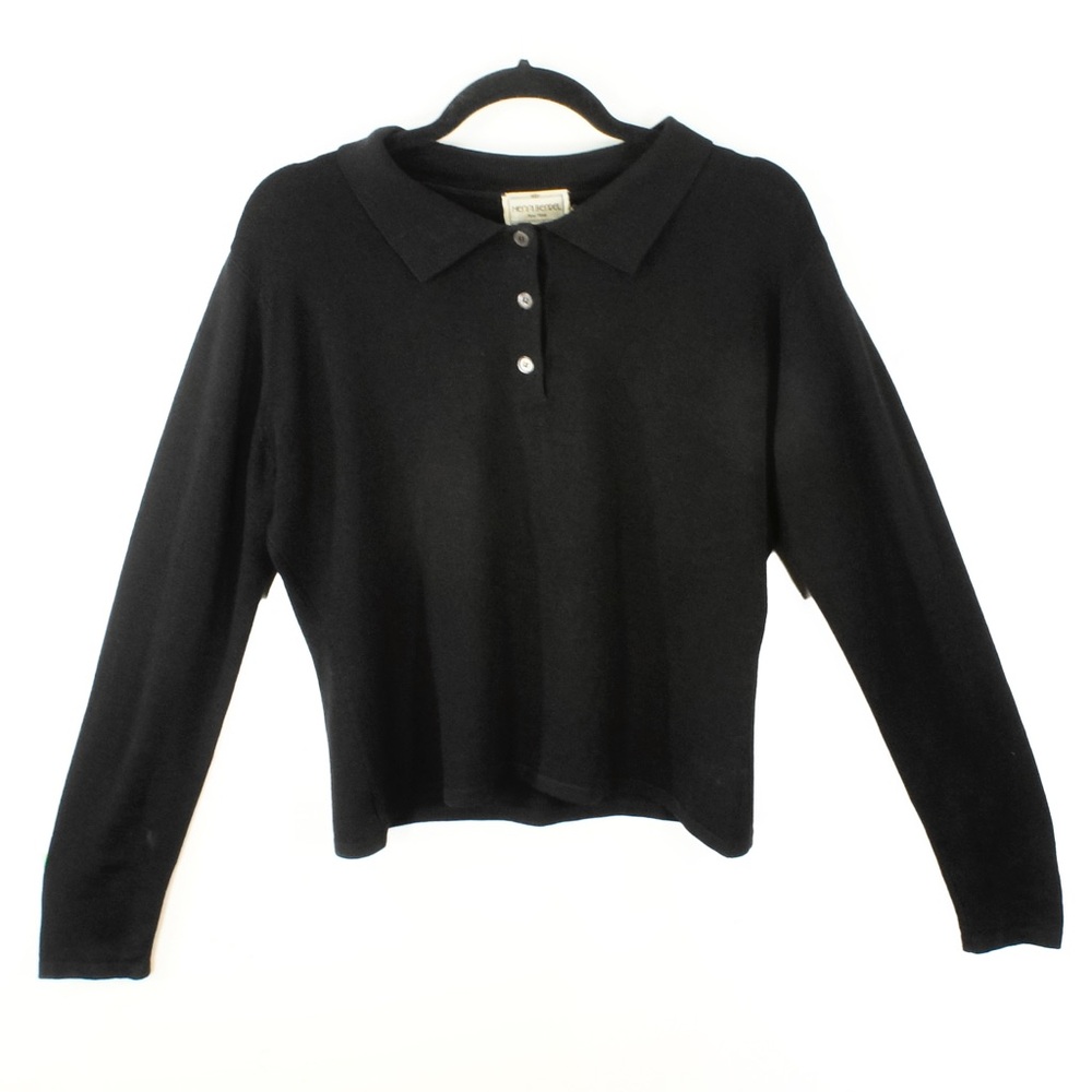 Vintage Henri Bendel New York 100% Extra Fine Merino Wool Black Polo Knit Top